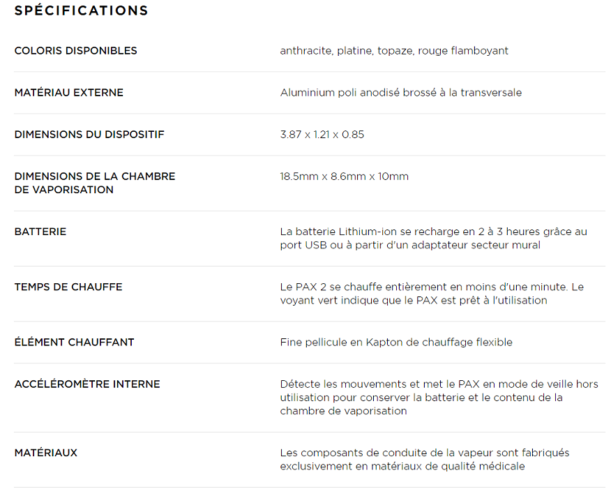 PAX 2 Spécifications